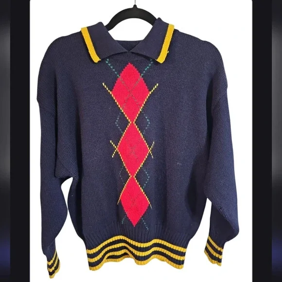 Esprit Sport M 80s Navy Yellow Argyle Wool Collared Sweater Preppy Collegiate - Picture 2 of 7